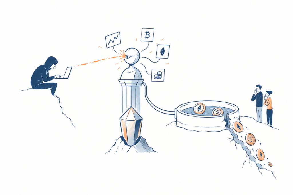 DeFi oracle attacks shown as a price gauge linked to a shallow liquidity pool beside a decentralised lending vault.