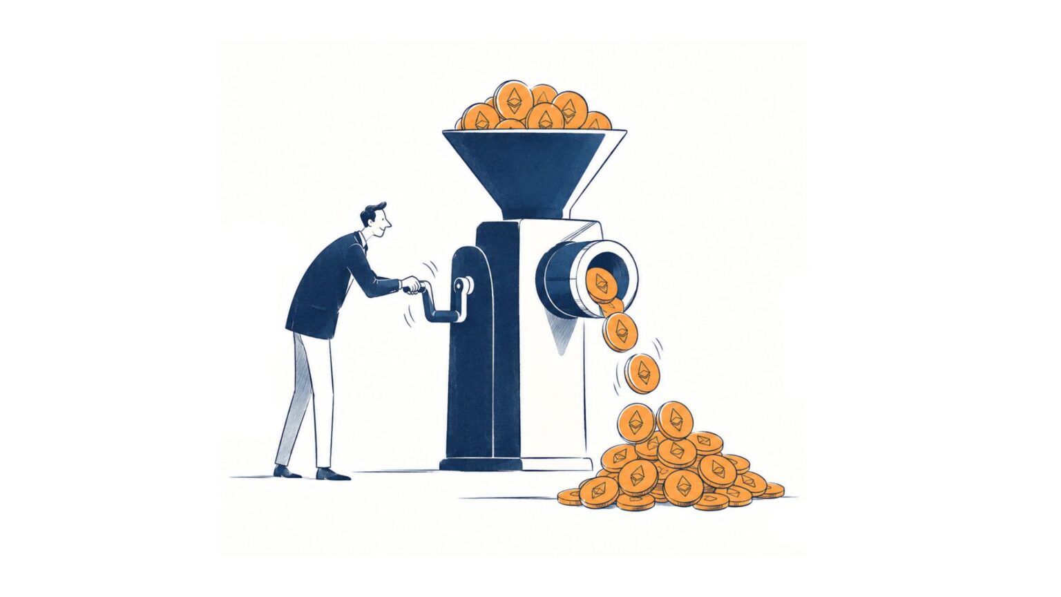 Minimalist illustration of crypto token supply, showing locked tokens entering circulation while other tokens are removed through a burn mechanism.