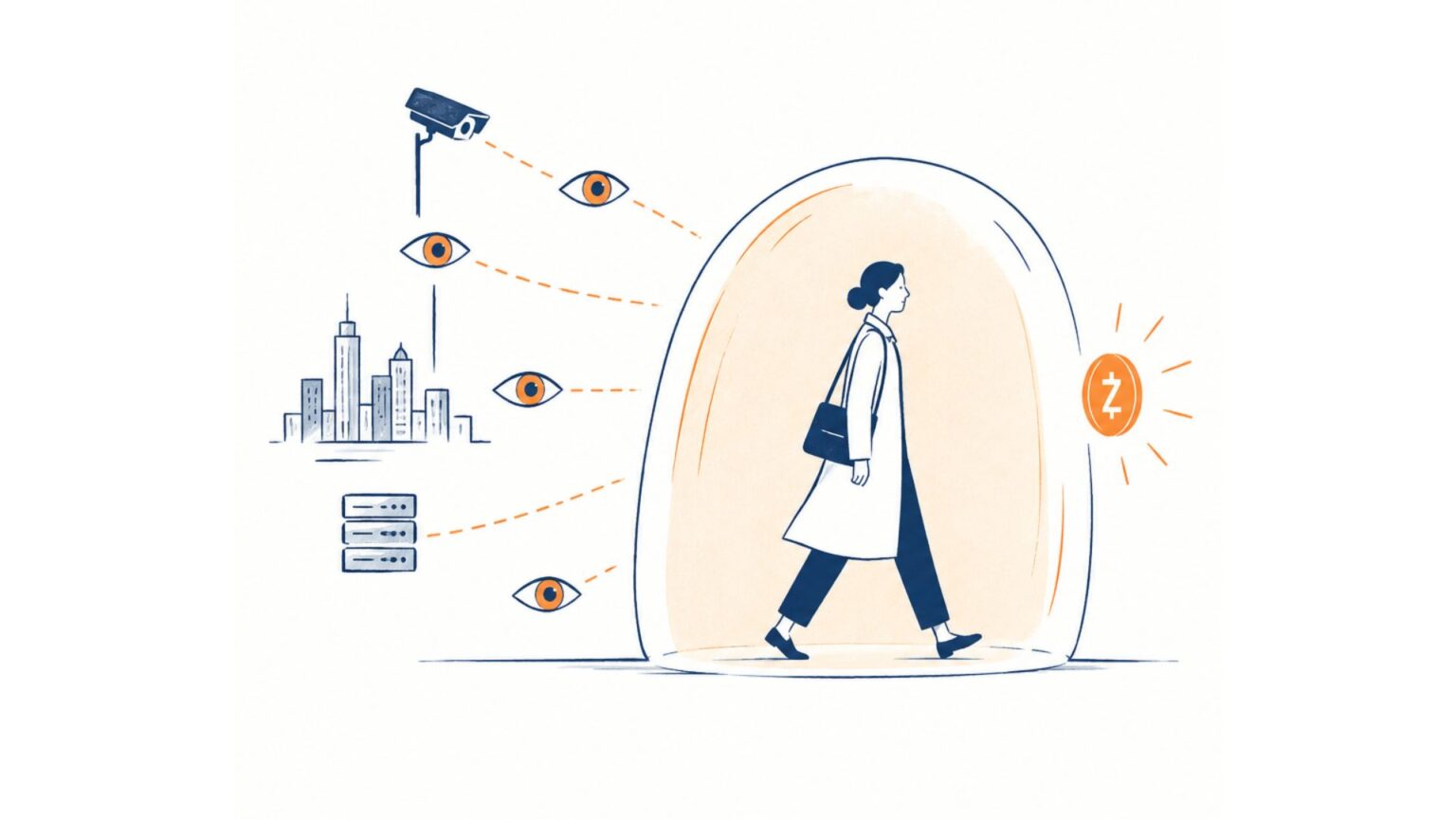 An illustration exploring whether Zcash is anonymous, with visible blockchain records beside shielded Zcash transaction data.