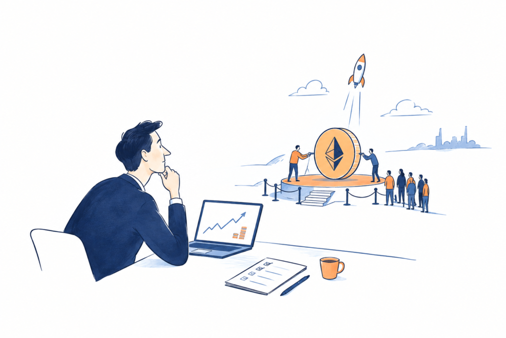 How to Evaluate a Crypto Presale Before Buying Editorial illustration showing how to evaluate a crypto presale, with a magnifying glass over token allocations, vesting schedules and a liquidity diagram.
