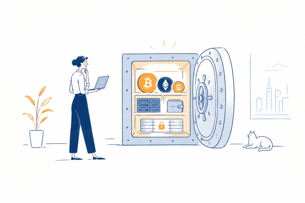 A crypto vault with two keys and an hourglass illustrating withdrawal delays and multi-signature security.