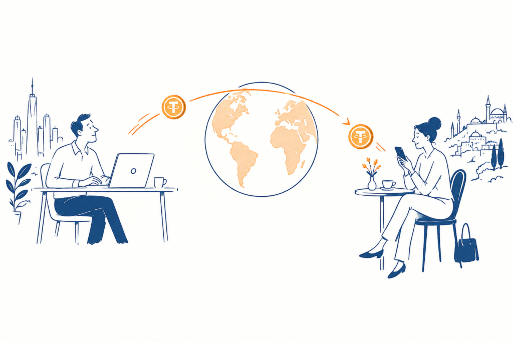 International transfers with stablecoins illustrated by a digital payment bridge connecting business sender with an overseas recipient.