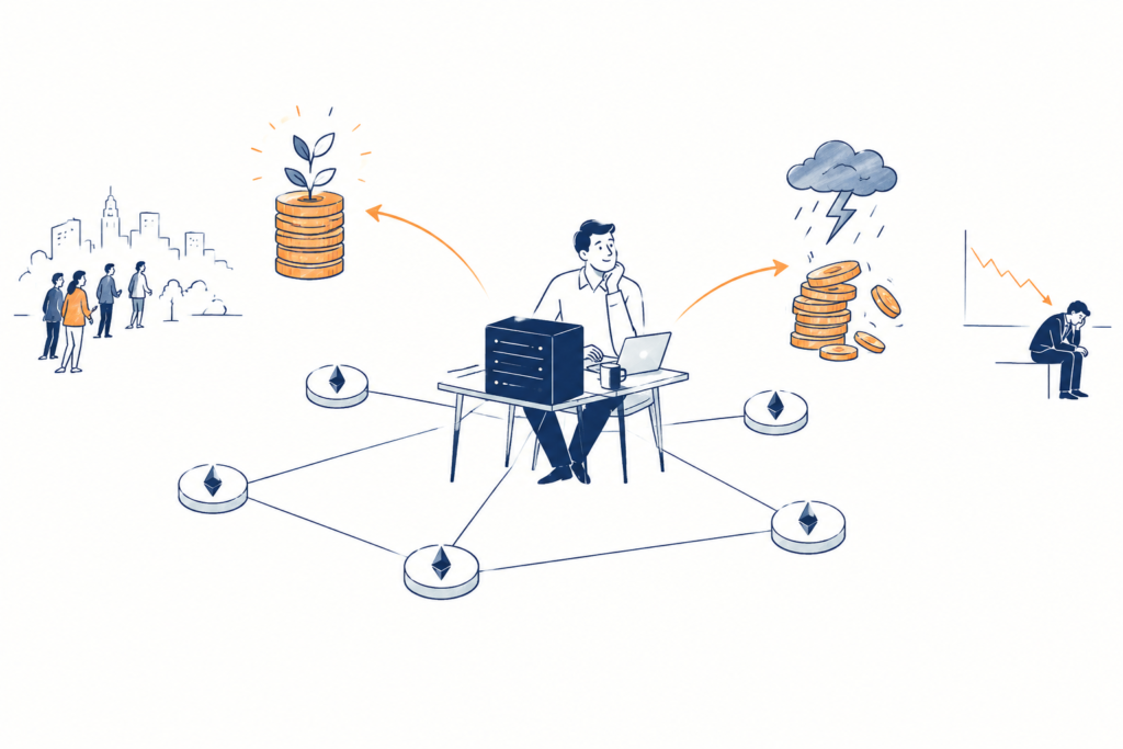 A crypto validator node connected to a blockchain network, illustrating how crypto validators make money through staking rewards and transaction fees while covering operating costs.